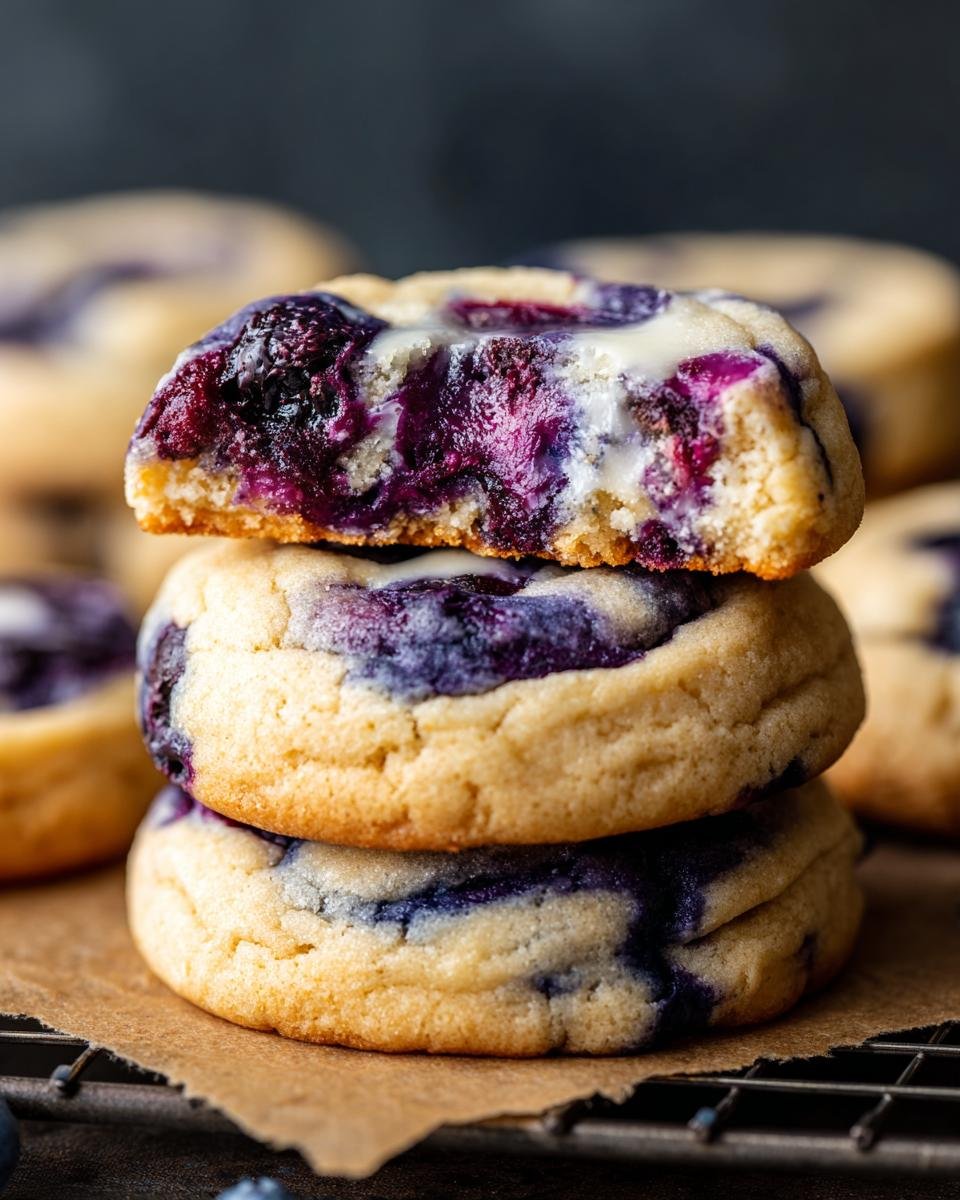 Gros plan sur une pile de Cookies Cheesecake Myrtilles, dont un coupé pour révéler le cœur fondant.