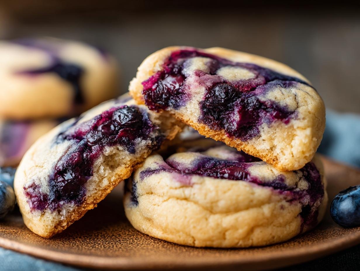 Gros plan sur des cookies cheesecake aux myrtilles, un cookie est croqué révélant la garniture fruitée.