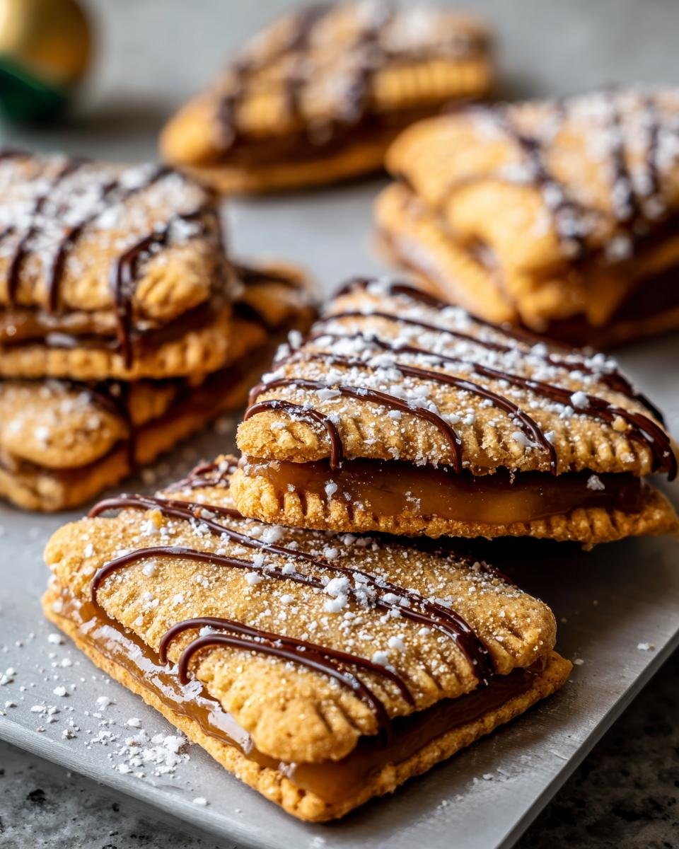 Gros plan sur des Cookies Pop-Tarts au Sucre Brun faits maison, garnis de caramel et décorés de chocolat et de sucre glace.