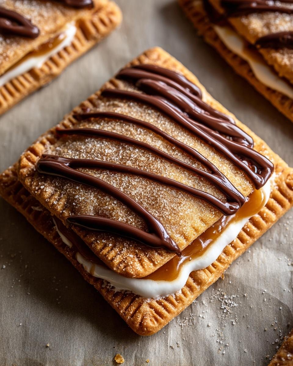Gros plan d'un Cookie Pop-Tart au Sucre Brun garni de glaçage au chocolat et de caramel coulant.