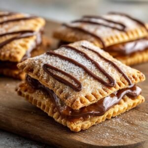 Gros plan de Cookies Pop-Tarts au Sucre Brun faits maison, garnis de glaçage au chocolat et de sucre glace.