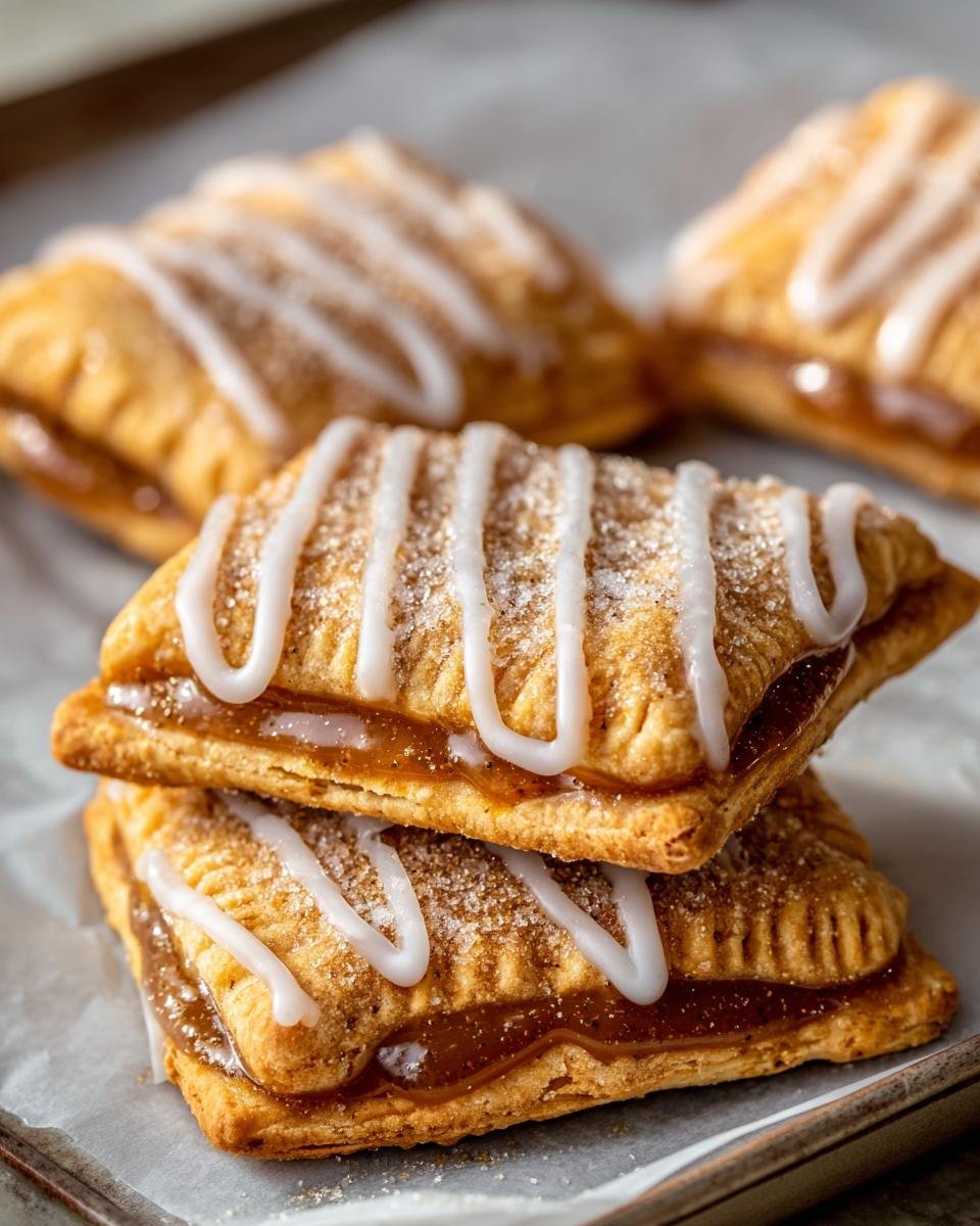 Gros plan de Cookies Pop-Tarts au Sucre Brun empilés, glacés et saupoudrés de sucre.