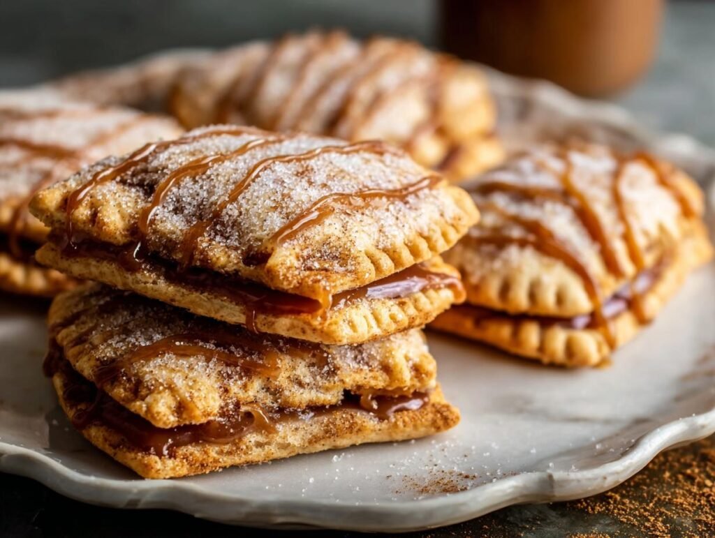 Gros plan sur des Cookies Pop-Tarts au Sucre Brun empilés, nappés de glaçage et de sucre.