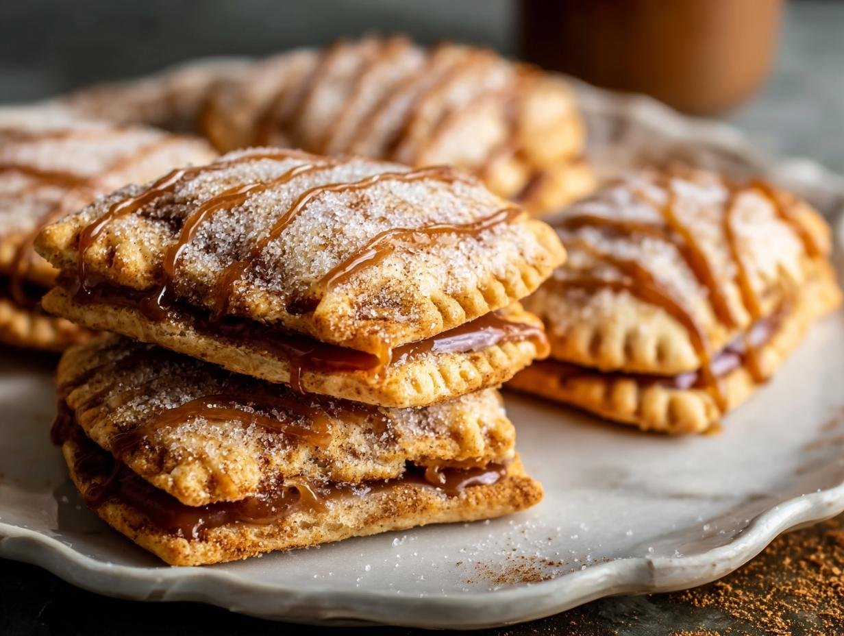 Gros plan sur des Cookies Pop-Tarts au Sucre Brun empilés, nappés de glaçage et de sucre.