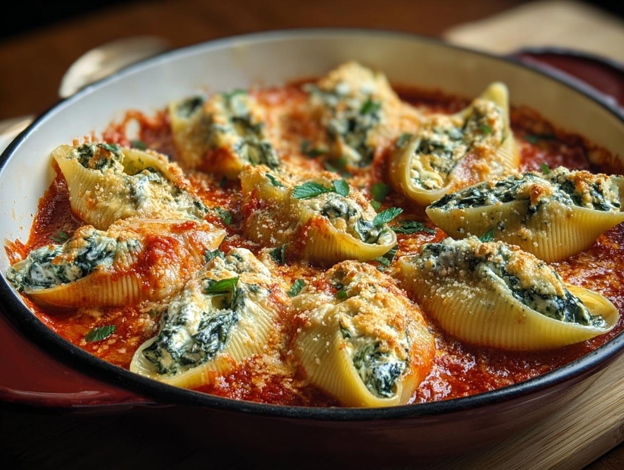 Gros plan de coquilles farcies aux épinards et à la ricotta, baignant dans une sauce tomate.