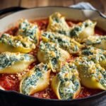 Gros plan sur des coquilles farcies épinards ricotta dans une sauce tomate, prêtes à être dégustées.