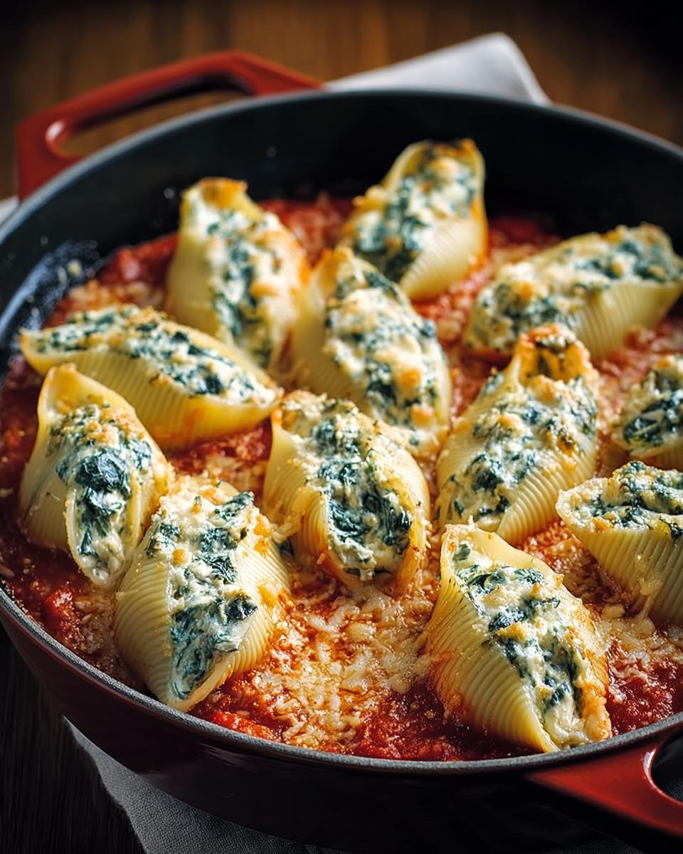 Gros plan sur des coquilles farcies épinards ricotta baignant dans une sauce tomate et du fromage râpé.
