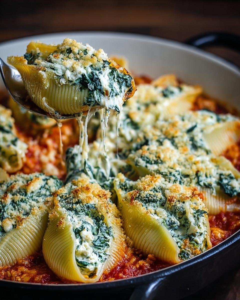 Gros plan sur une cuillère retirant une coquille farcie épinards ricotta d'un plat, avec du fromage filant.