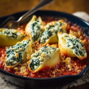 Gros plan sur des coquilles farcies épinards ricotta baignant dans une sauce tomate savoureuse, garnies de chapelure.