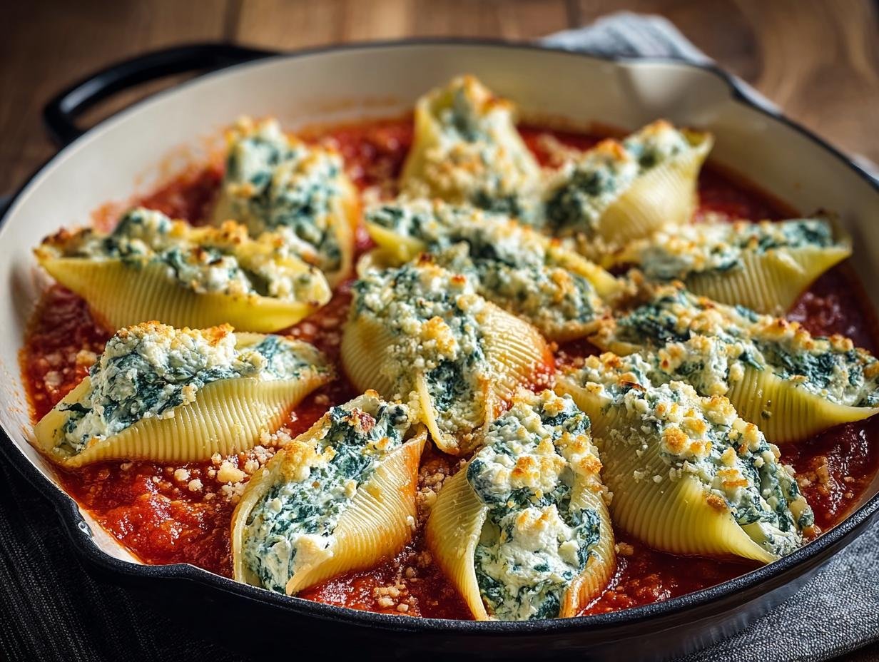 Gros plan sur des coquilles farcies épinards ricotta dans une sauce tomate, prêtes à être dégustées.