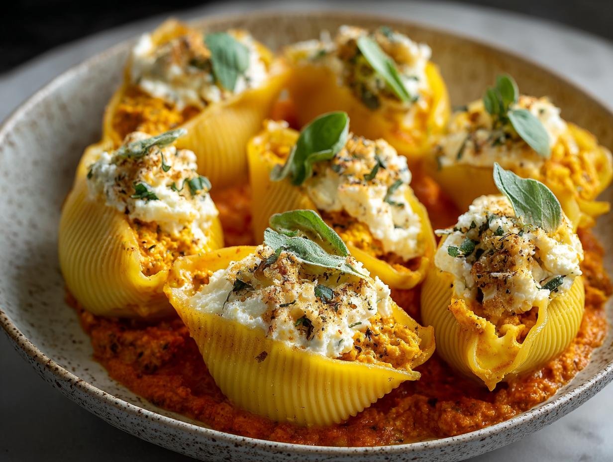 Gros plan de coquilles farcies potiron ricotta dans une sauce tomate, garnies d'herbes fraîches.