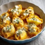 Gros plan de coquilles farcies au potiron et à la ricotta, garnies d'herbes fraîches.