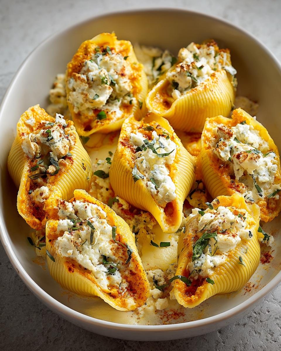 Gros plan sur des coquilles farcies potiron ricotta garnies d'herbes fraîches et d'épices.