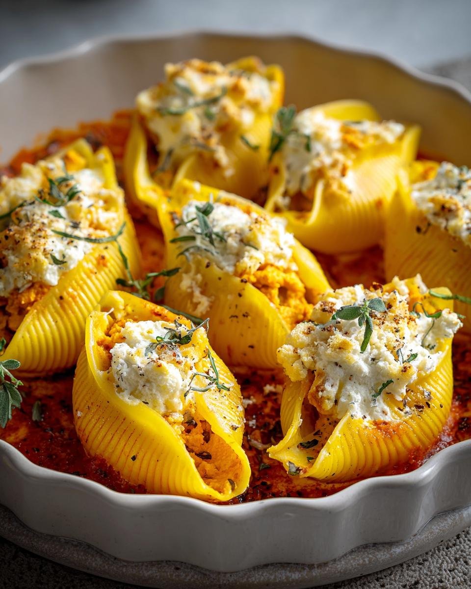 Gros plan sur des coquilles farcies potiron ricotta garnies d'herbes fraîches dans une sauce tomate.