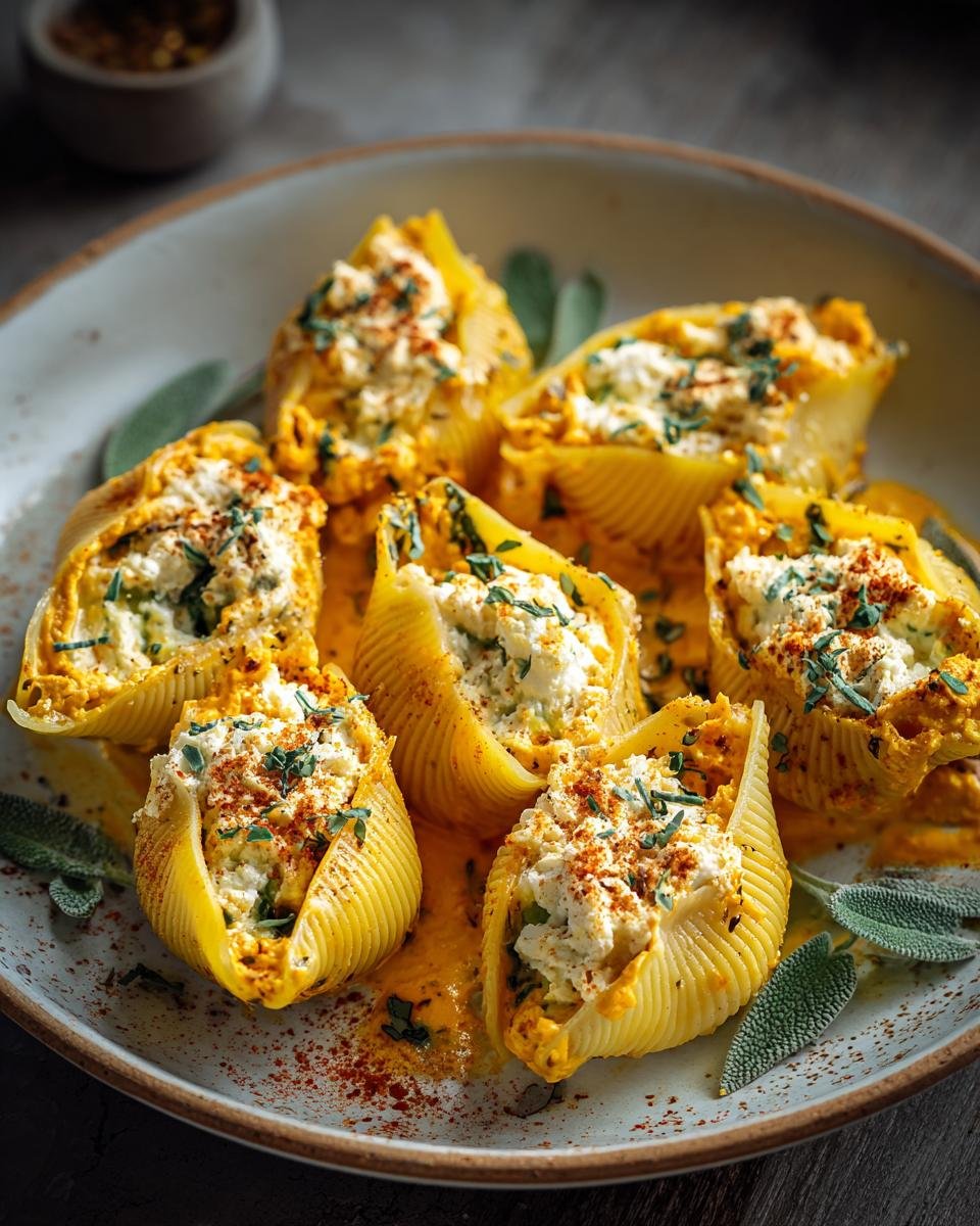 Gros plan de coquilles farcies potiron ricotta garnies d'herbes et d'épices.
