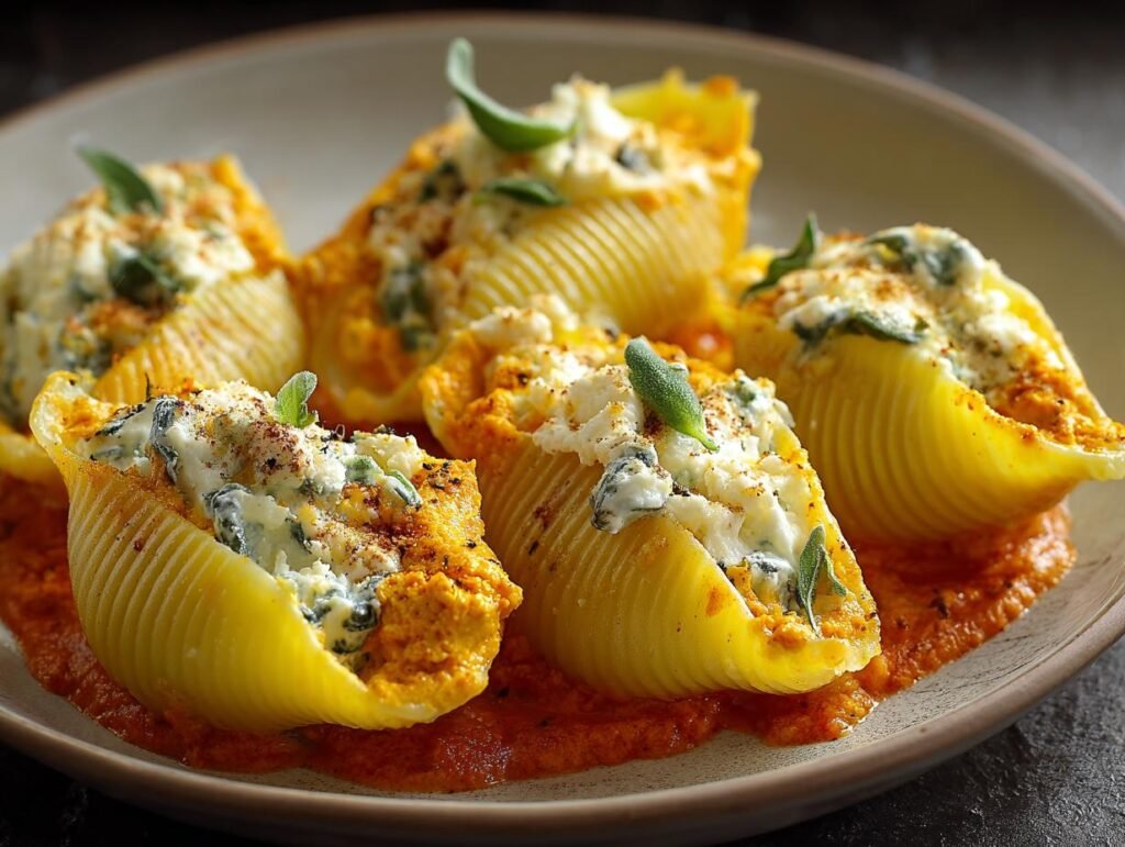 Gros plan sur des coquilles farcies potiron ricotta garnies de fromage et d'herbes fraîches, servies sur une sauce tomate.
