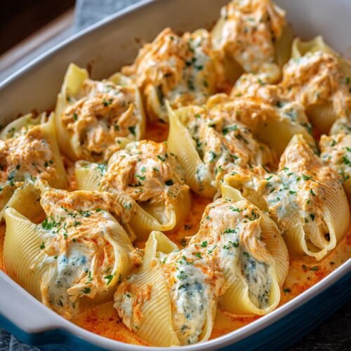 Gros plan sur des coquilles farcies au poulet Buffalo dans un plat, garnies de persil frais.