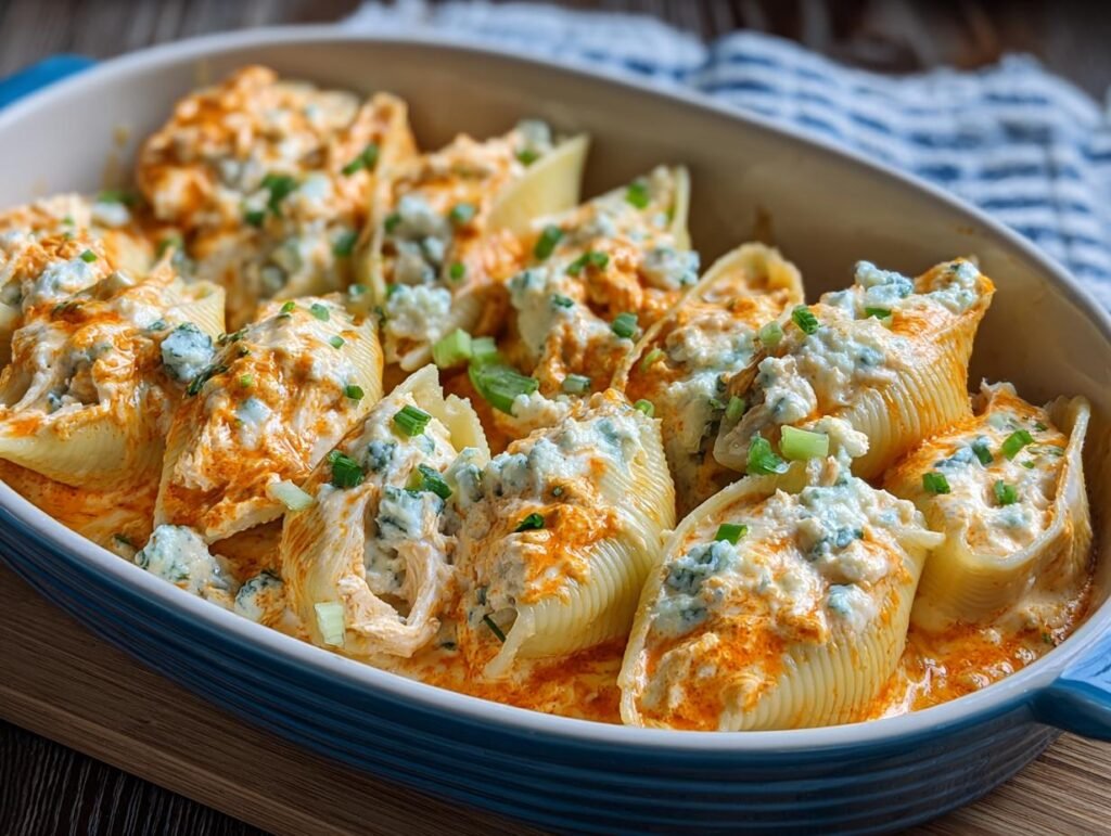 Gros plan de coquilles farcies au poulet Buffalo garnies de fromage bleu et de ciboule.