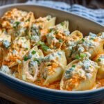Gros plan de coquilles farcies au poulet Buffalo garnies de fromage bleu et de ciboule.