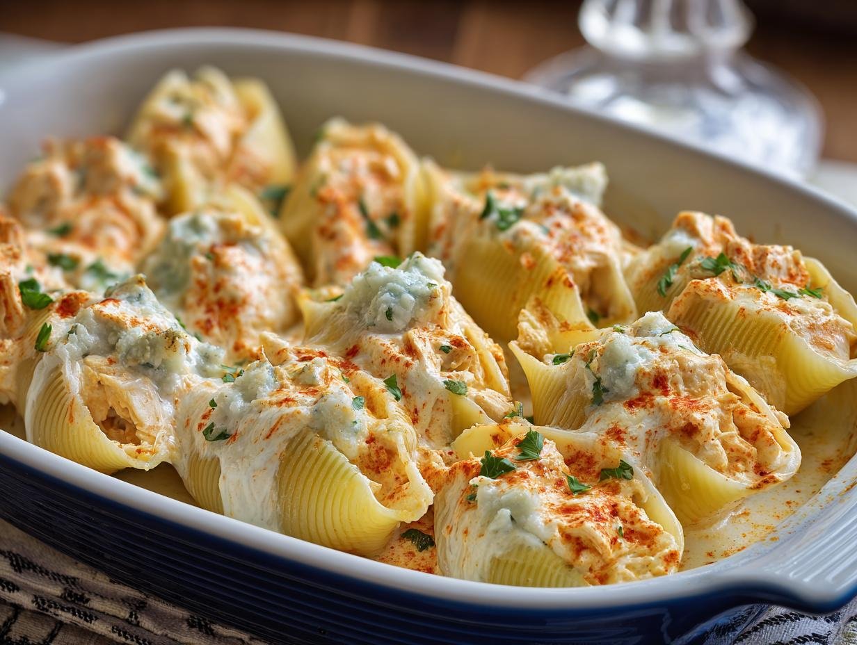 Gros plan sur des coquilles farcies au poulet Buffalo, garnies de fromage bleu et de persil frais.