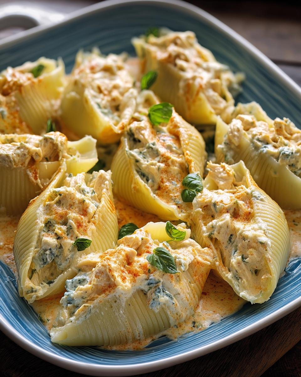 Gros plan sur des coquilles farcies au poulet buffalo, garnies de feuilles de basilic frais et saupoudrées d'épices.