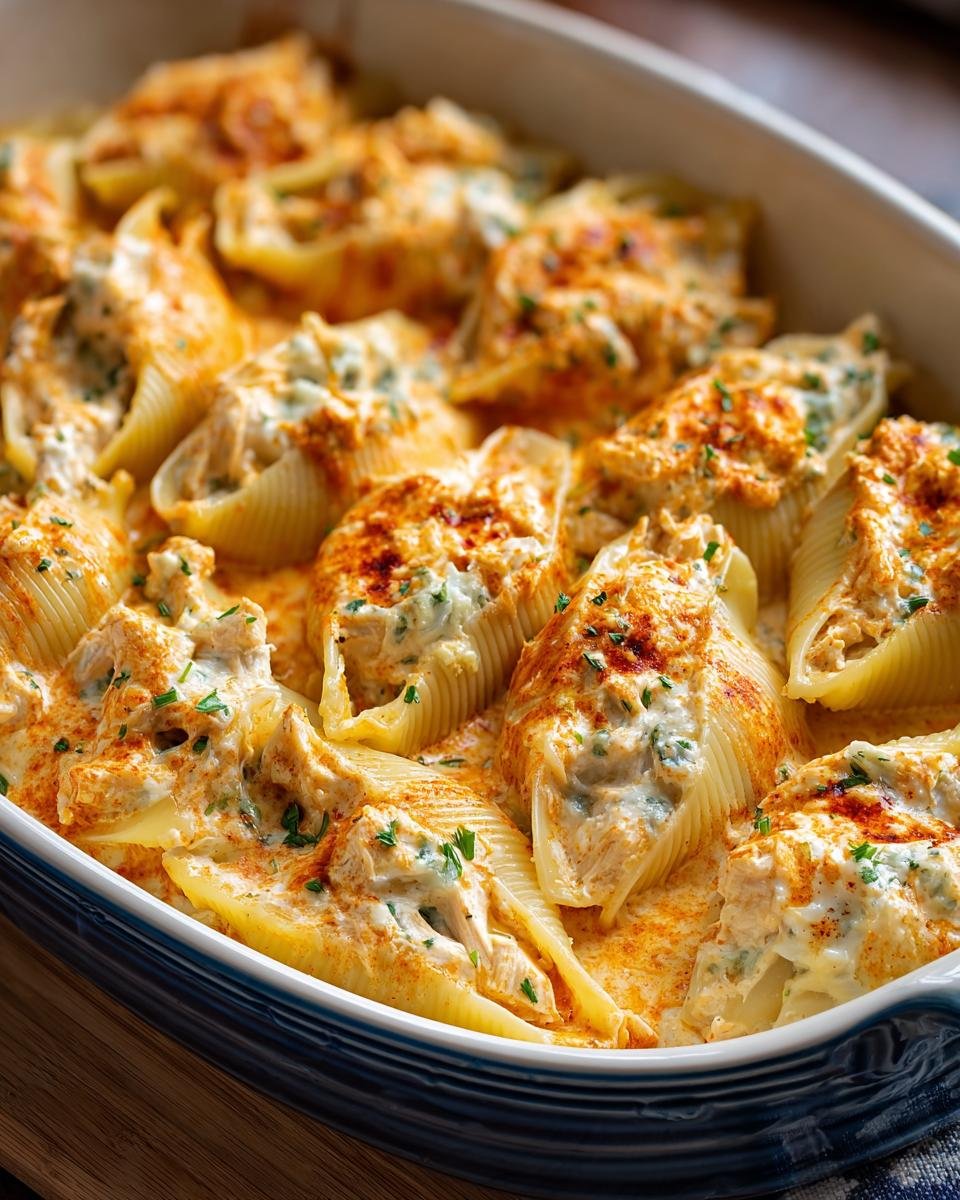 Gros plan sur des coquilles farcies au poulet Buffalo, baignant dans une sauce crémeuse et garnies de persil frais.