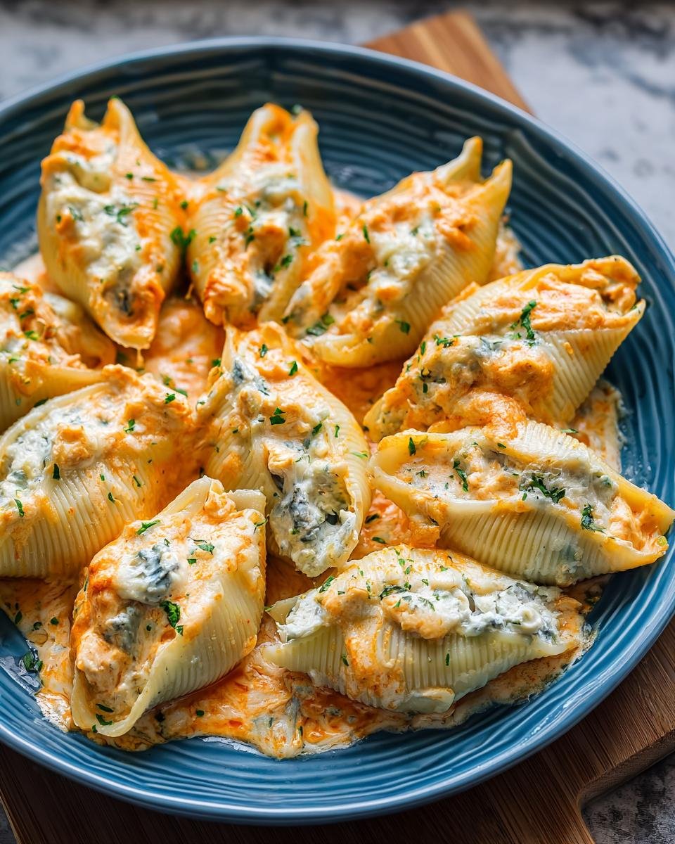 Gros plan sur des coquilles farcies au poulet Buffalo, garnies de fromage crémeux et de persil.