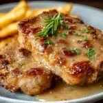 Gros plan de deux côtelettes de porc frites nappées de sauce et garnies d'herbes, servies avec des frites.