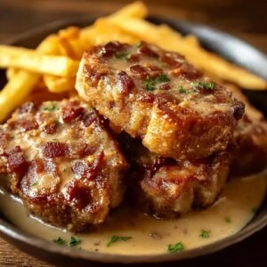 Gros plan sur des côtelettes de porc frites dorées, nappées de sauce et garnies d'herbes, servies avec des frites.