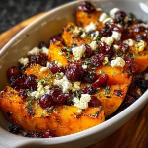 Gros plan de courge butternut rôtie garnie de feta émiettée et de canneberges séchées.