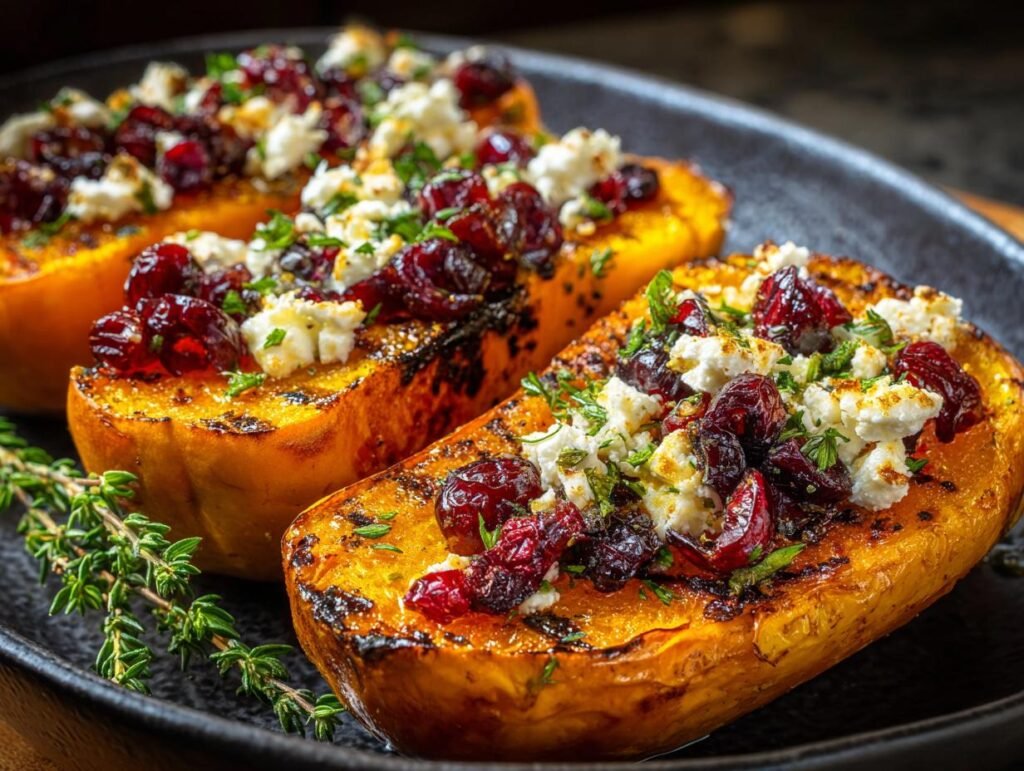 Gros plan de courge butternut rôtie garnie de feta émiettée, de canneberges séchées et de persil frais.