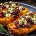 Gros plan de courge butternut rôtie garnie de feta émiettée, de canneberges séchées et de persil frais.
