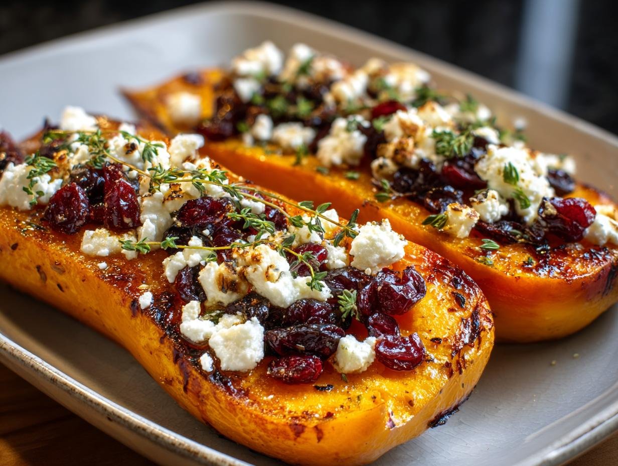 Deux moitiés de courge butternut rôtie garnies de feta émiettée, de canneberges et de thym frais.