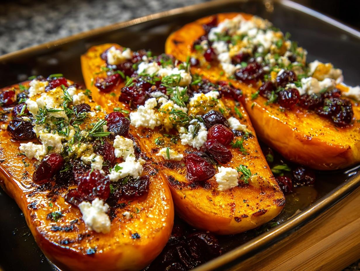 Gros plan de courge butternut rôtie garnie de feta émiettée et de canneberges séchées, avec des herbes fraîches.