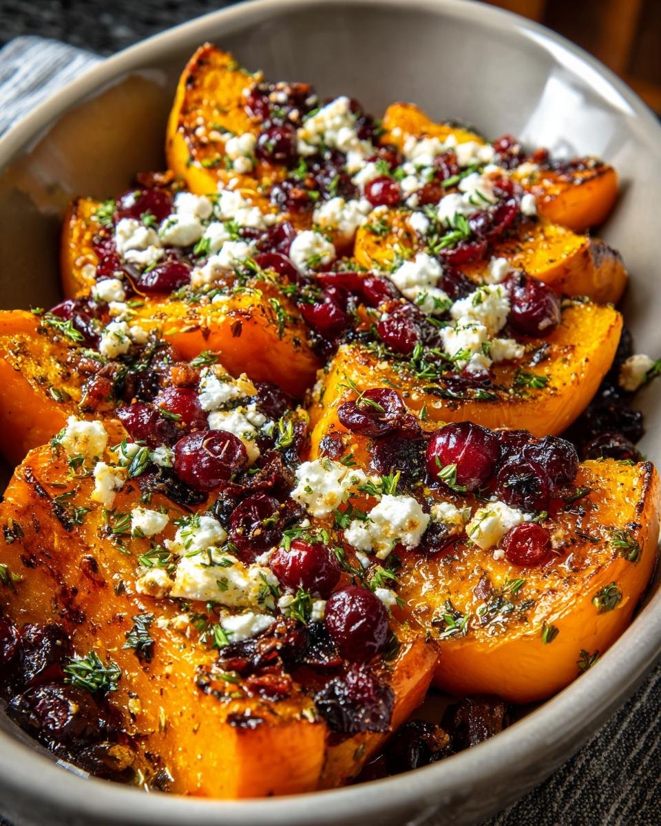Tranches de courge butternut rôtie garnies de feta émiettée, de canneberges et d'herbes fraîches.