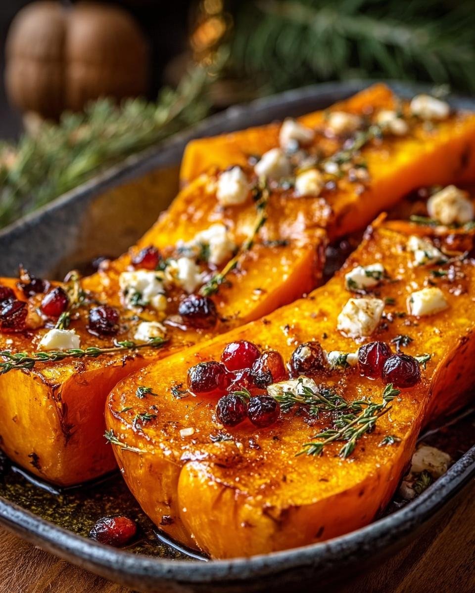 Gros plan sur des moitiés de courge butternut rôtie au miel, garnies de fromage émietté, de canneberges séchées et de thym.