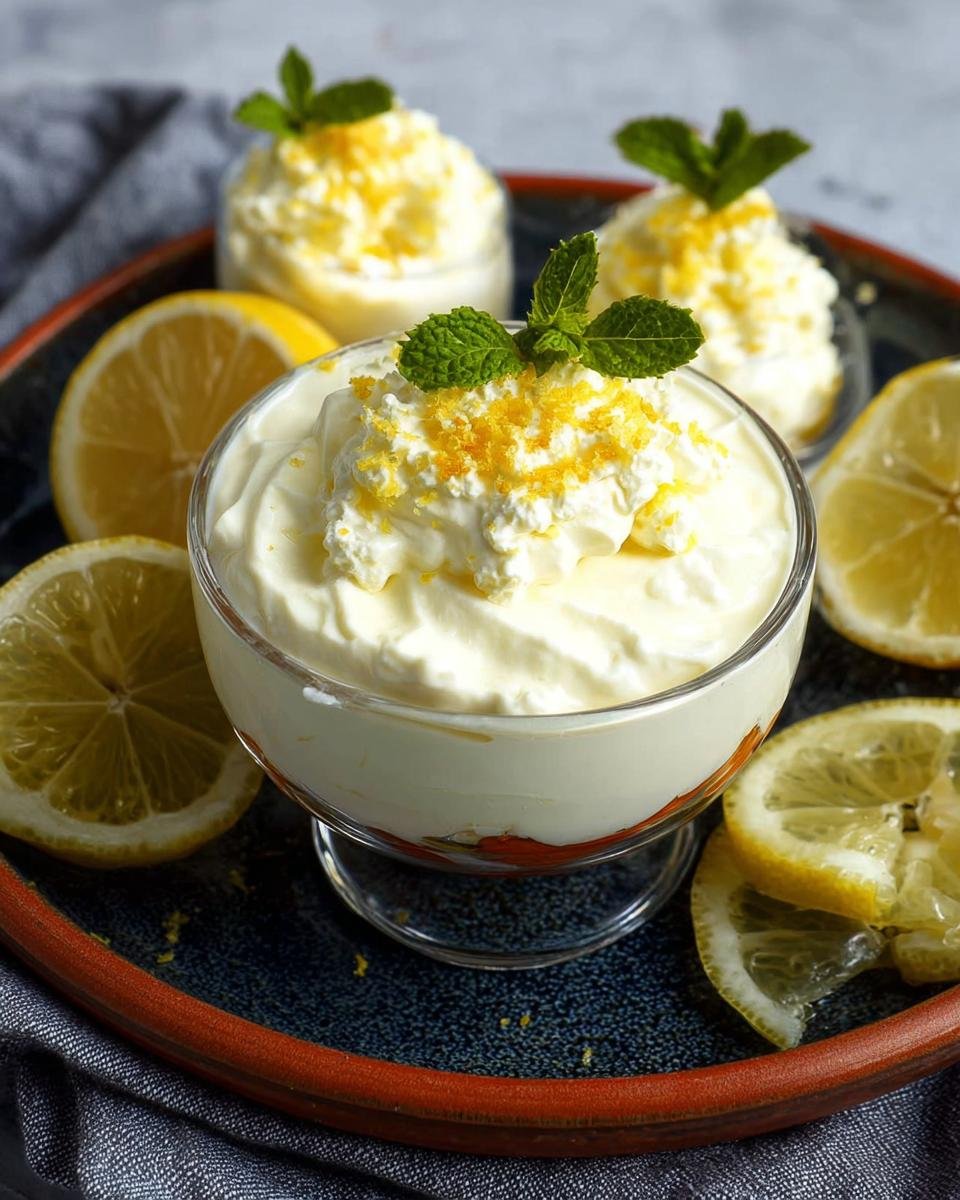 Gros plan sur une coupe de Crème Mascarpone au Citron, garnie de zeste de citron et de menthe, avec des citrons tranchés autour.