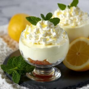 Crème Mascarpone au Citron légère et aérienne, garnie de chantilly, zeste de citron et feuilles de menthe.