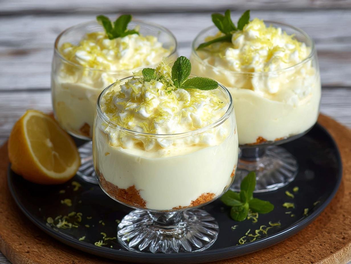 Trois coupes de Crème Mascarpone au Citron individuelles, garnies de chantilly, zeste de citron et menthe.