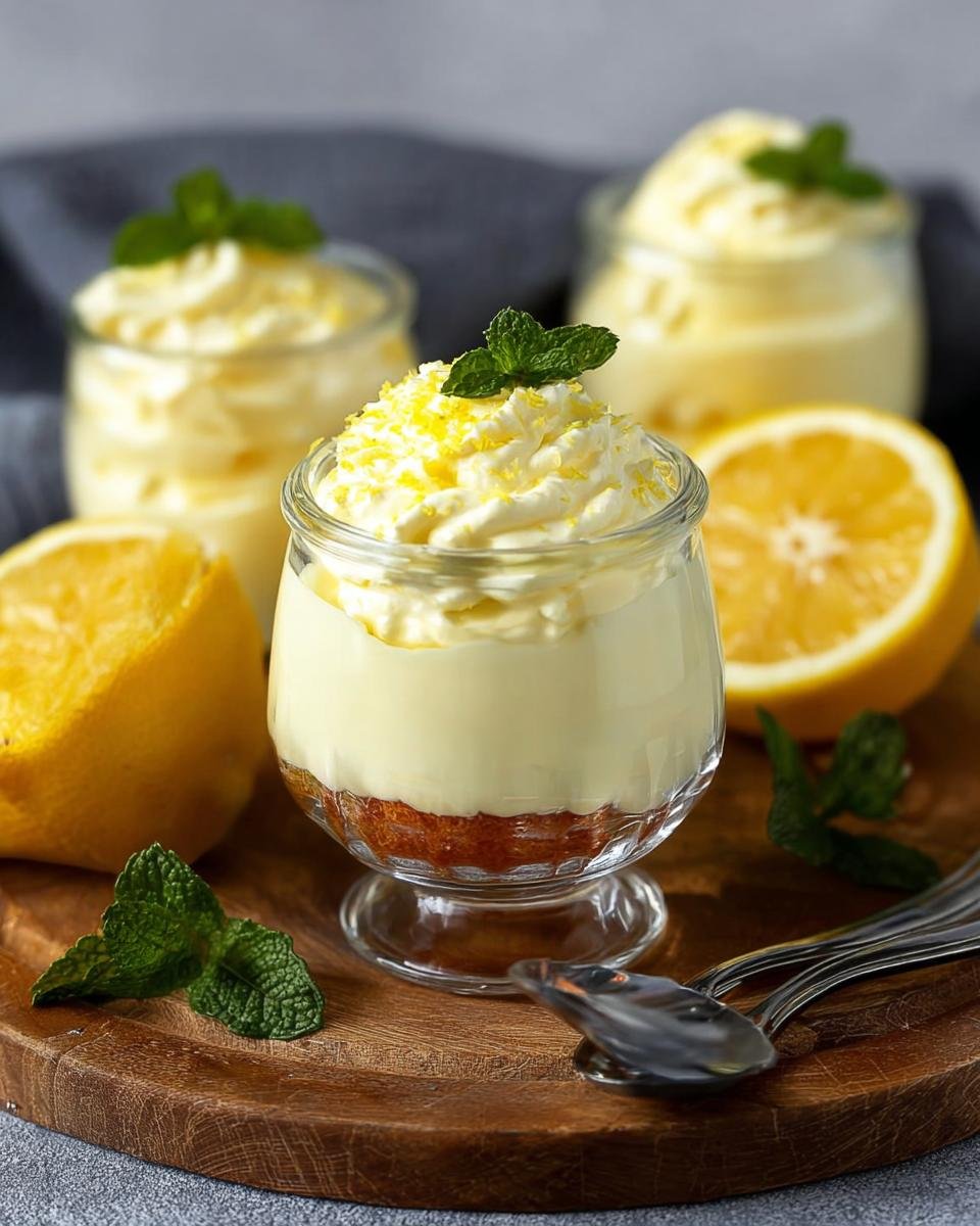 Crème Mascarpone au Citron servie dans un verre, garnie de zeste de citron et de menthe.
