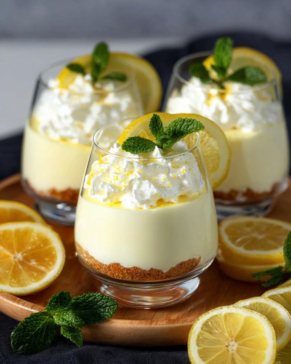 Trois verrines de crème mascarpone au citron, garnies de chantilly, zeste de citron et menthe.
