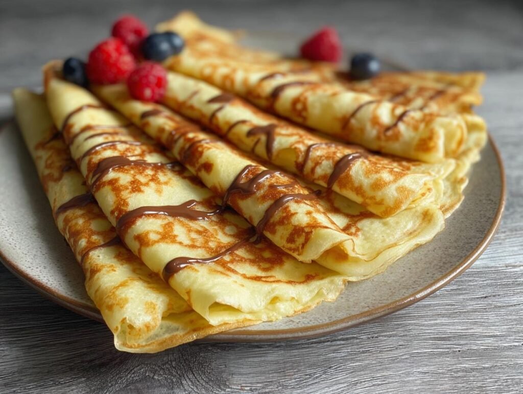 Gros plan de crêpes faciles au mixeur roulées et garnies de chocolat fondu, de framboises et de myrtilles.