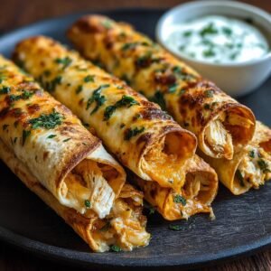 Gros plan sur des croustillants taquitos au poulet garnis de fromage fondu et de persil frais.