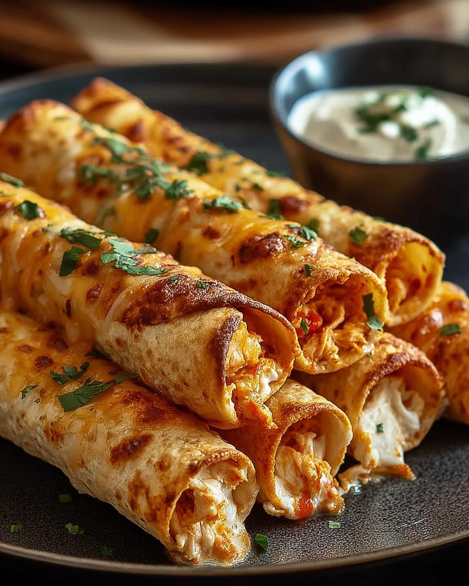 Gros plan de croustillants taquitos au poulet garnis de fromage fondu et de persil frais.