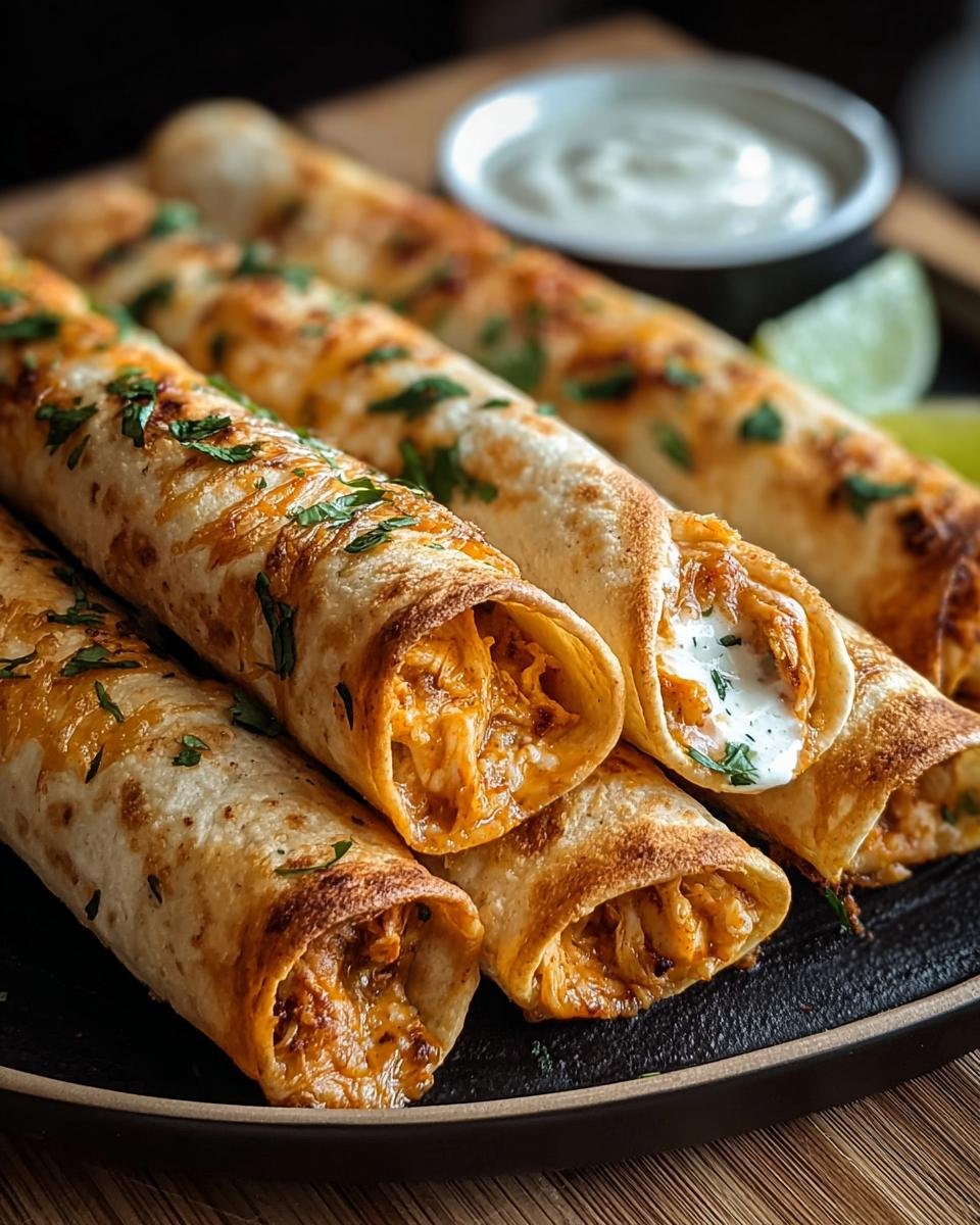 Gros plan sur des croustillants taquitos au poulet garnis de fromage et de persil, servis avec une sauce crémeuse.
