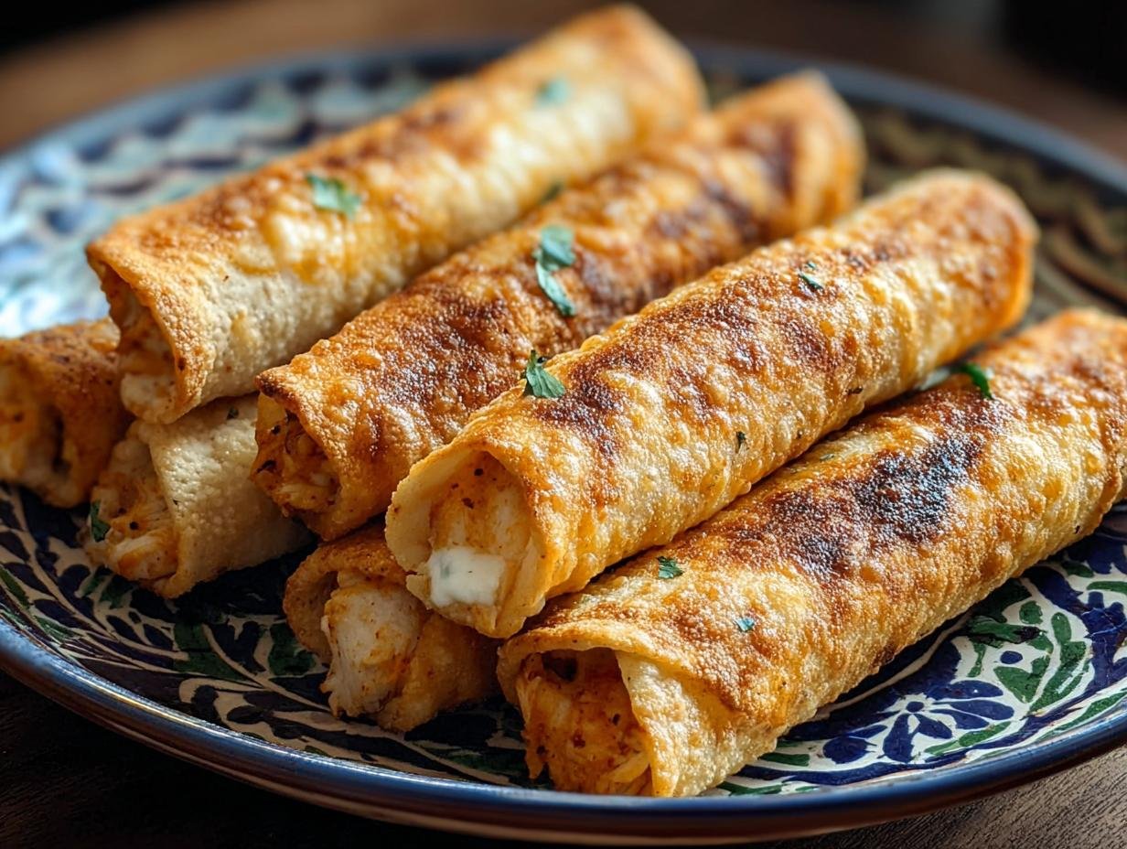 Gros plan sur des croustillants taquitos au poulet servis sur une assiette décorée, garniture au fromage visible.