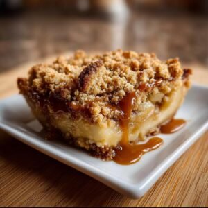 Gros plan d'une part de crumble aux pommes et caramel salé, le caramel coulant sur le dessus.