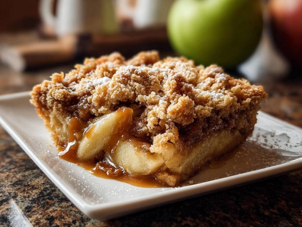 Gros plan d'une part de crumble aux pommes et caramel salé, garnie de sucre glace.