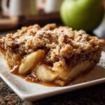 Gros plan d'une part de crumble aux pommes et caramel salé, garnie de sucre glace.