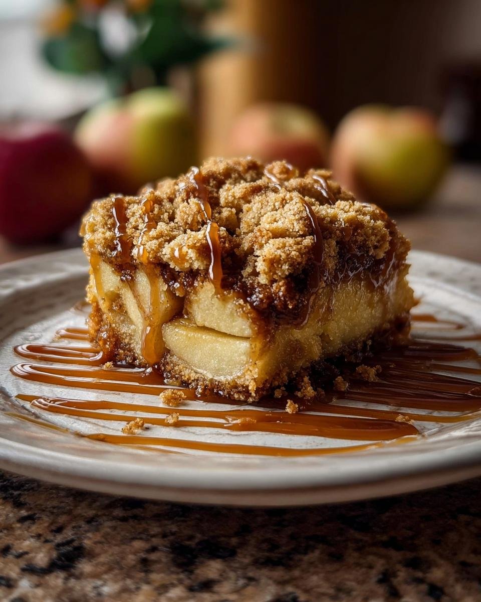 Gros plan sur une part de crumble aux pommes et caramel salé, arrosée de sauce caramel.